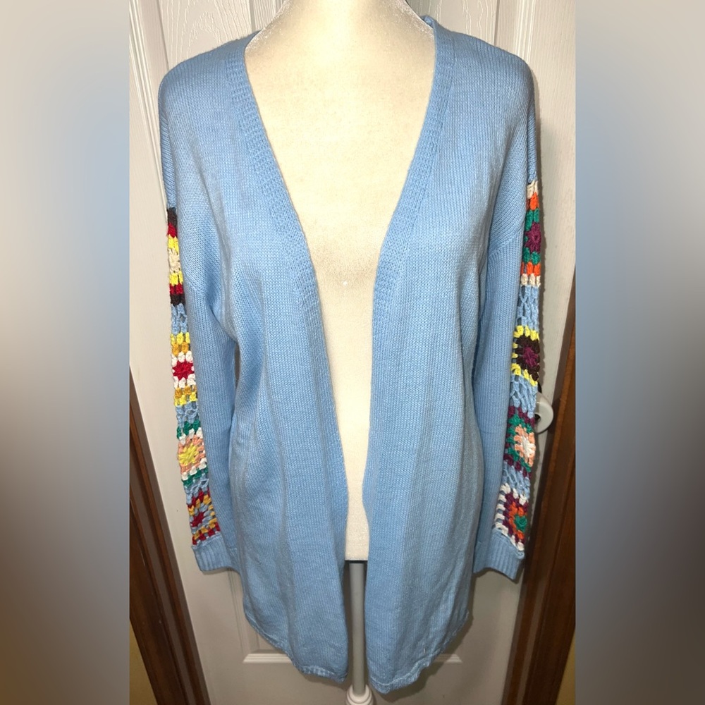 Granny Square Crochet Cardigan Sweater Open Front Blue/Multicolor Lightweight S